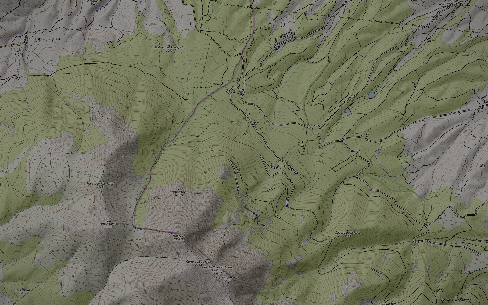 Mapa del entorno y la carretera de acceso al Santuario del Moncayo